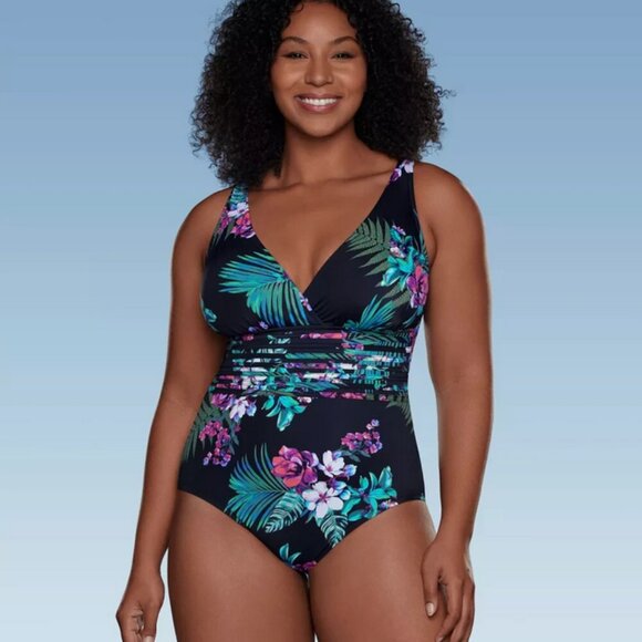 Waist Detail Over the Shoulder One Piece Swimsuit - Aqua Green® Black Floral L - Picture 1 of 7